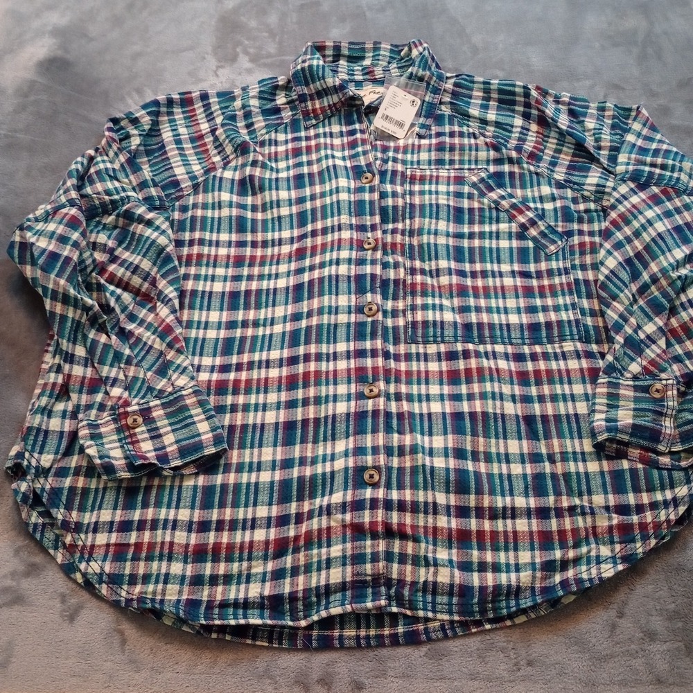 Free People Indigo Skies Plaid Shirt Button Up Size Small Teal Slouchy Relaxed‎